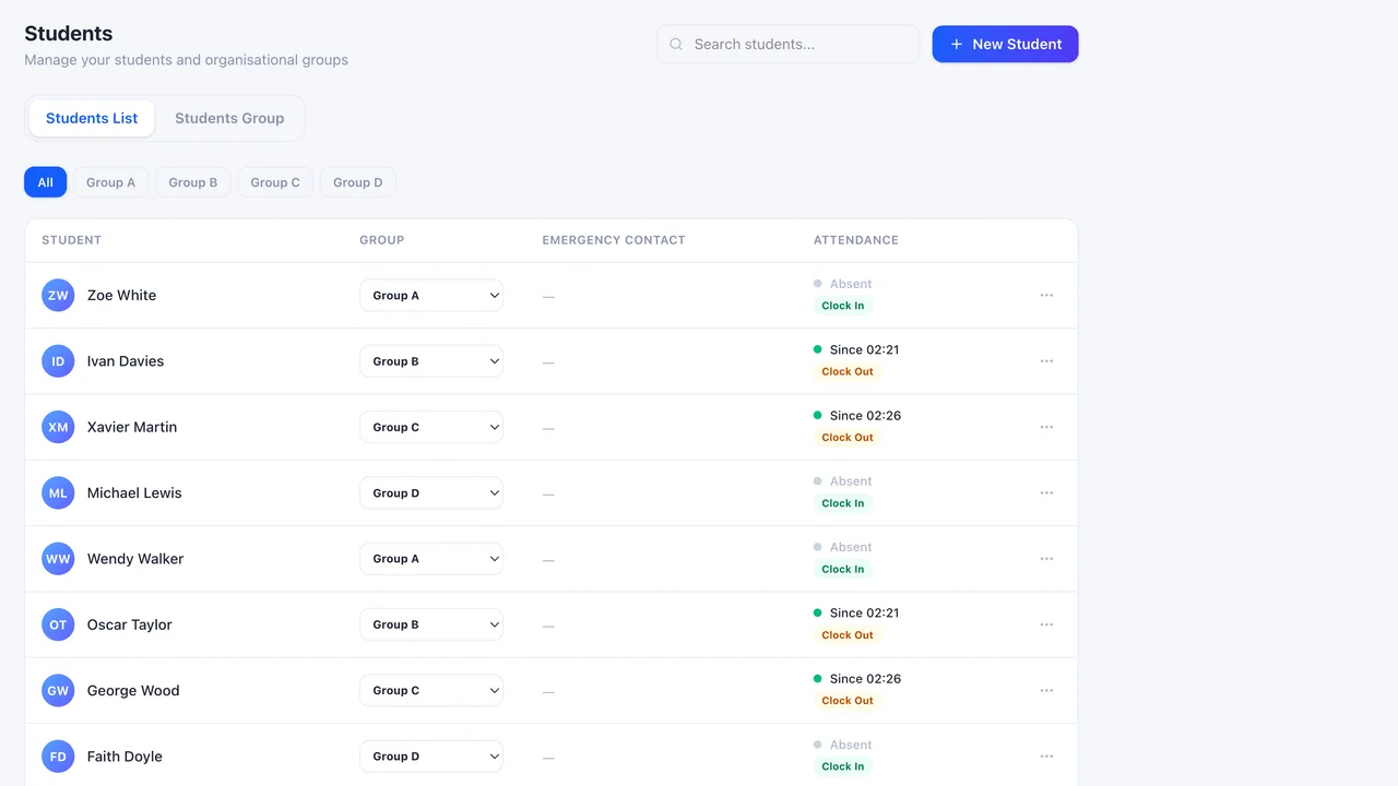 Screenshot: student list view with status indicators, or a student profile showing attendance log and notes